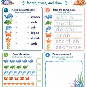 Ocean Animal Friends | Sea Animals Worksheets | Printable PDF | Digital Download image 7