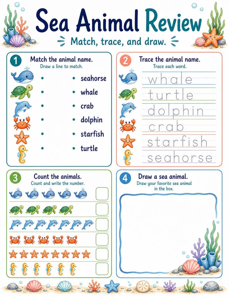 Ocean Animal Friends | Sea Animals Worksheets | Printable PDF | Digital Download image 7