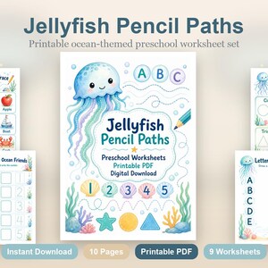 Jellyfish Pencil Paths | Preschool Worksheets | Printable PDF | Digital Download image 2