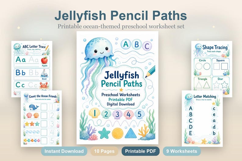 Jellyfish Pencil Paths | Preschool Worksheets | Printable PDF | Digital Download image 2