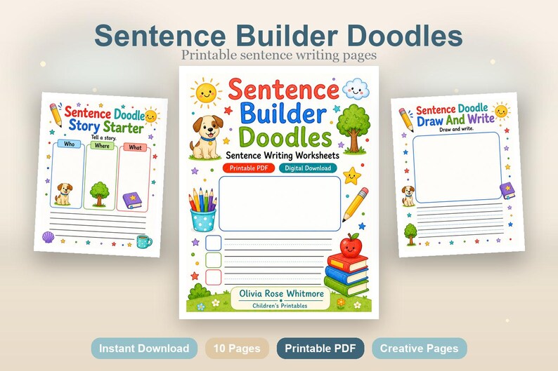 Sentence Builder Doodles | Sentence Writing Worksheets | Printable PDF | Digital Download image 2