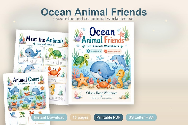 Ocean Animal Friends | Sea Animals Worksheets | Printable PDF | Digital Download image 2