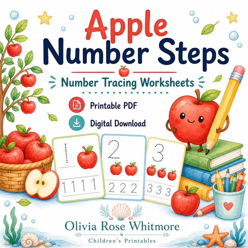 Apple Number Steps | Number Tracing Worksheets | Printable PDF | Digital Download image 1