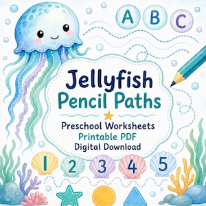 Jellyfish Pencil Paths | Preschool Worksheets | Printable PDF | Digital Download image 1