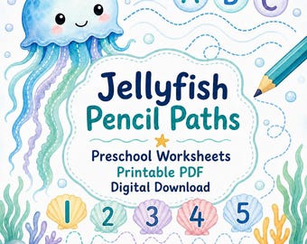Jellyfish Pencil Paths | Preschool Worksheets | Printable PDF | Digital Download