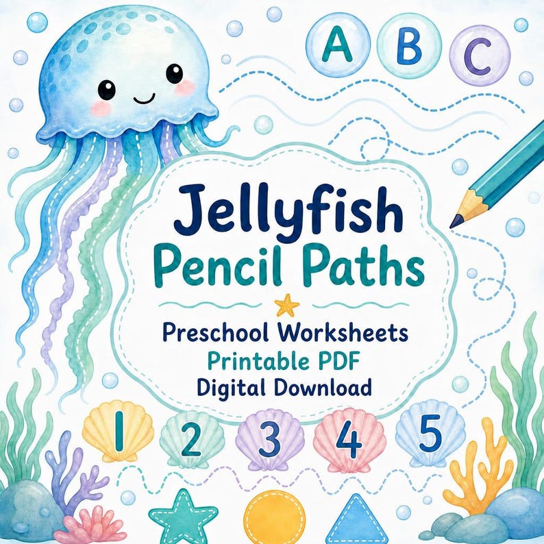 Jellyfish Pencil Paths | Preschool Worksheets | Printable PDF | Digital Download image 1