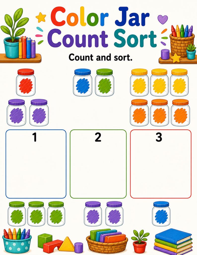 Match Color Jar | Werkbladen voor kleursortering | Afdrukbare pdf | Digitale download afbeelding 6