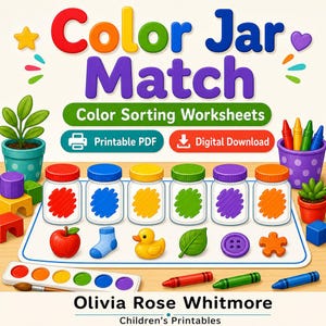 Match Color Jar | Werkbladen voor kleursortering | Afdrukbare pdf | Digitale download afbeelding 1