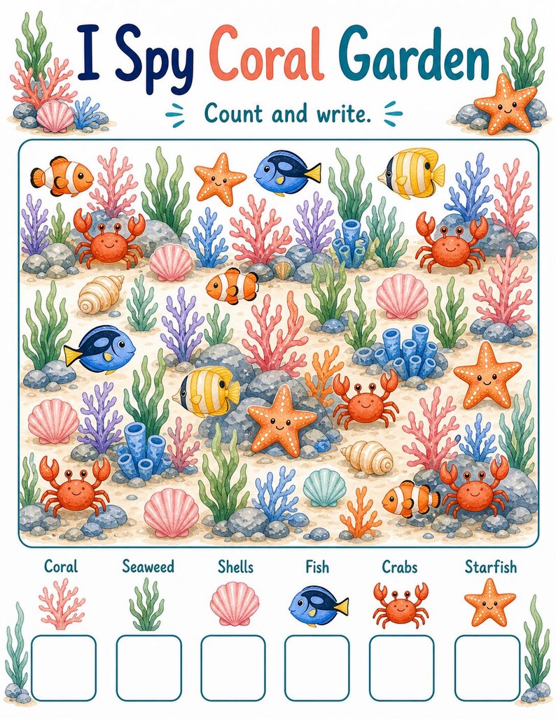 Coral I Spy Count / Schede di lavoro I Spy / PDF stampabile / Download digitale immagine 4