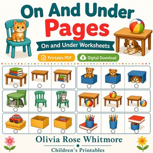 May include: Educational worksheet titled On And Under Pages featuring illustrations of cats, dogs, balls, books, and toys. The printable PDF includes multiple rows of exercises with checkboxes for identifying spatial relationships like on and under.
