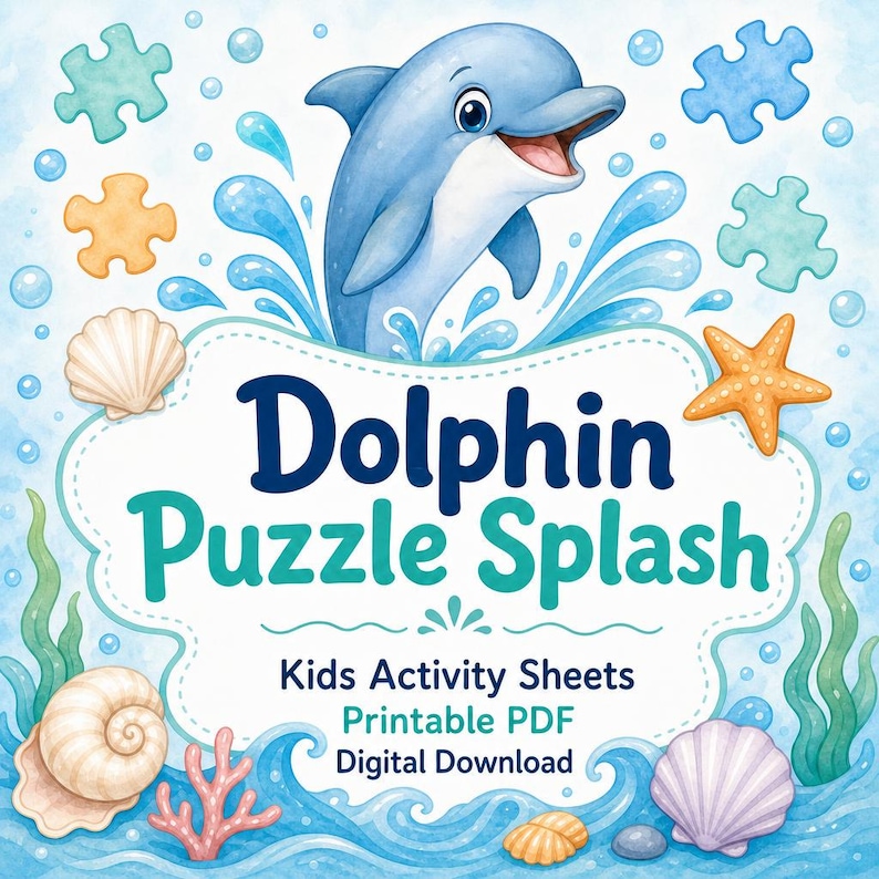 Dolphin Puzzle Splash | Kids Activity Sheets | Printable PDF | Digital Download image 1