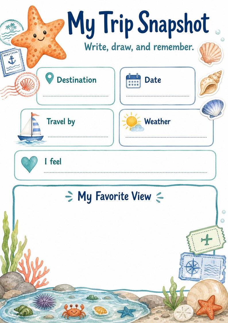 Starfish Passport Pages | kids travel journal | Printable PDF | Digital Download image 3