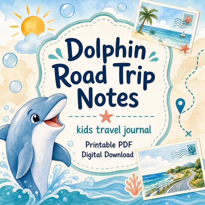 Dolfijn roadtripnotities | reisdagboek voor kinderen | Afdrukbare pdf | Digitale download afbeelding 1