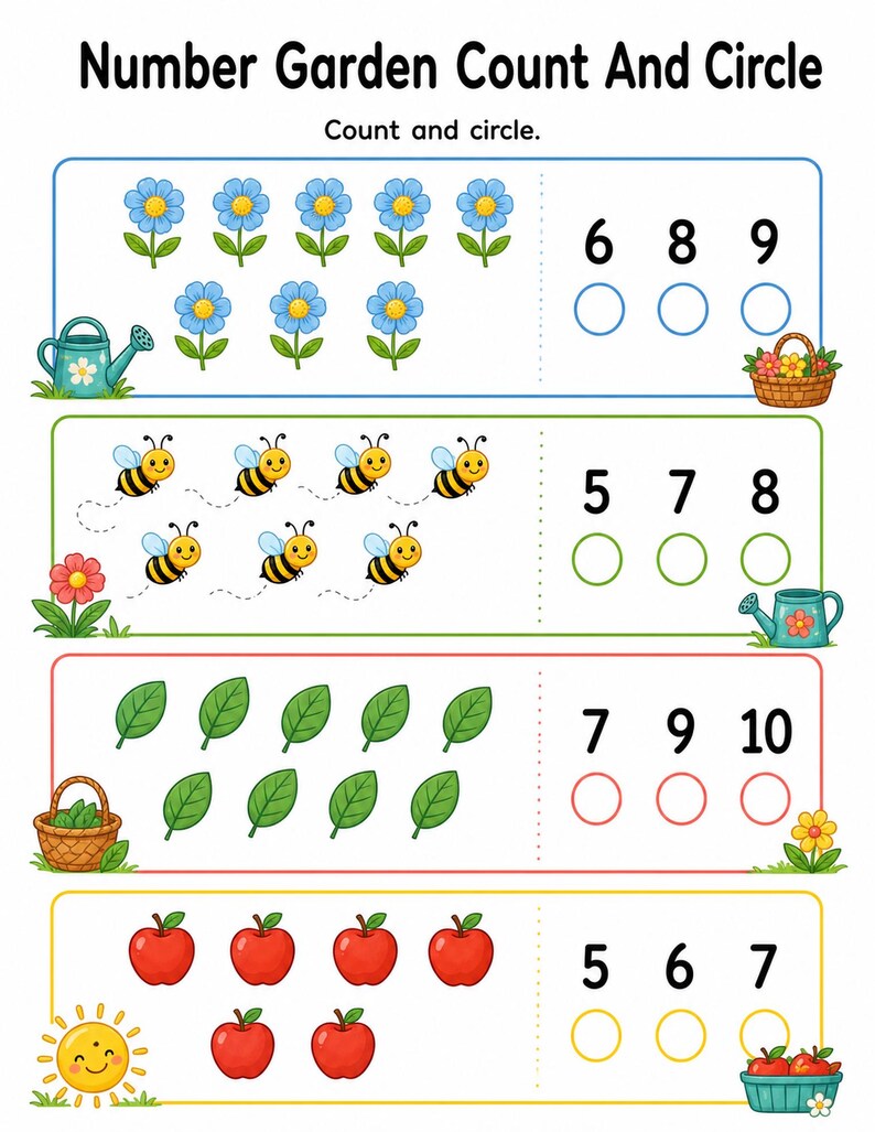 Sunny Number Garden | Preschool Math Worksheets | Printable PDF | Digital Download image 3