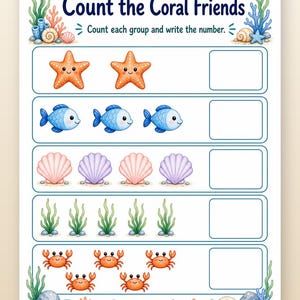 Coral Cove Counting | Werkbladen tellen | Afdrukbare pdf | Digitale download afbeelding 8