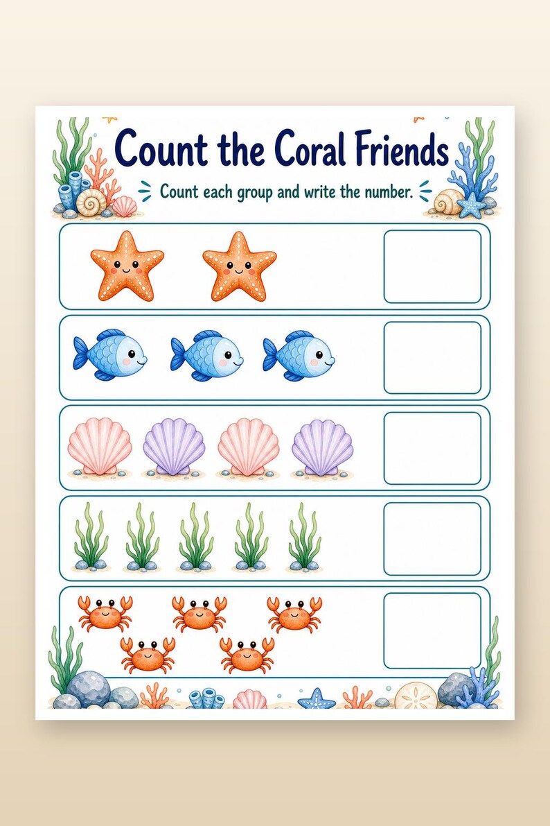 Coral Cove Counting | Werkbladen tellen | Afdrukbare pdf | Digitale download afbeelding 8