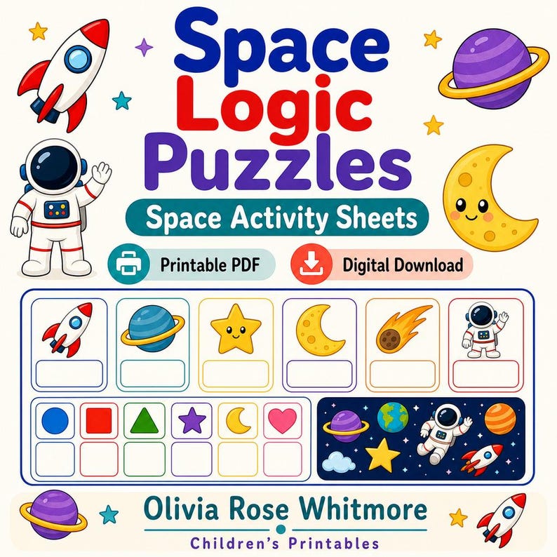 Space Logic Puzzles | Space Activity Sheets | Printable PDF | Digital Download image 1