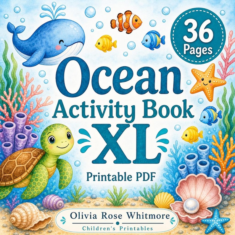 海の生き物アクティビティブックXL｜子供向けアクティビティシート｜印刷可能なPDF｜デジタルダウンロード 画像 1