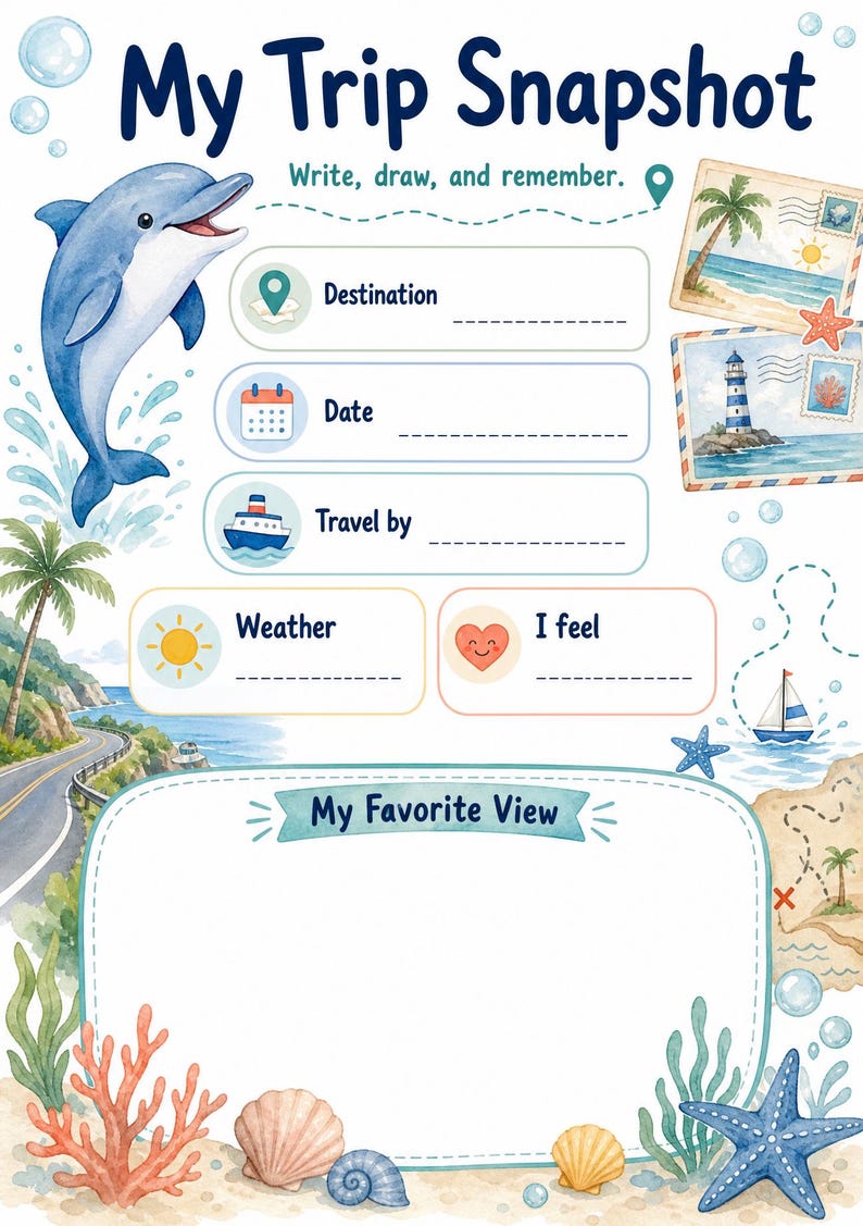 Dolfijn roadtripnotities | reisdagboek voor kinderen | Afdrukbare pdf | Digitale download afbeelding 3