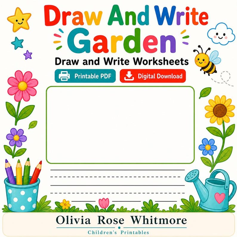 Jardim para Desenhar e Escrever | Folhas de Atividades para Desenhar e Escrever | PDF para Imprimir | Download Digital imagem 1