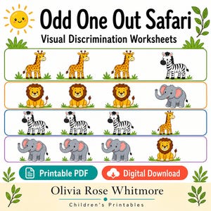 Odd One Out Safari | Visual Discrimination Worksheets | Printable PDF | Digital Download image 1