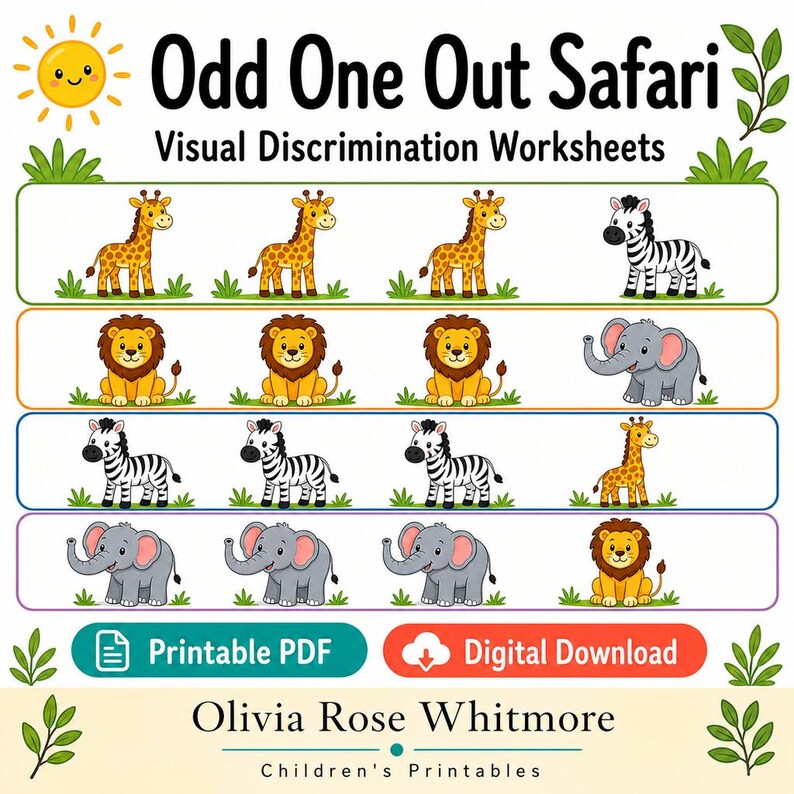 Odd One Out Safari | Visual Discrimination Worksheets | Printable PDF | Digital Download image 1