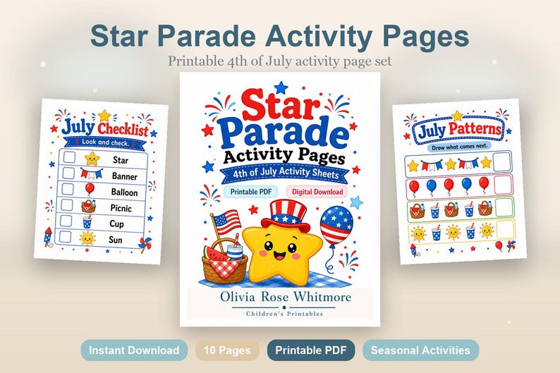 Star Parade-activiteitenpagina's | Activiteitenbladen van 4 juli | Afdrukbare pdf | Digitale download afbeelding 2