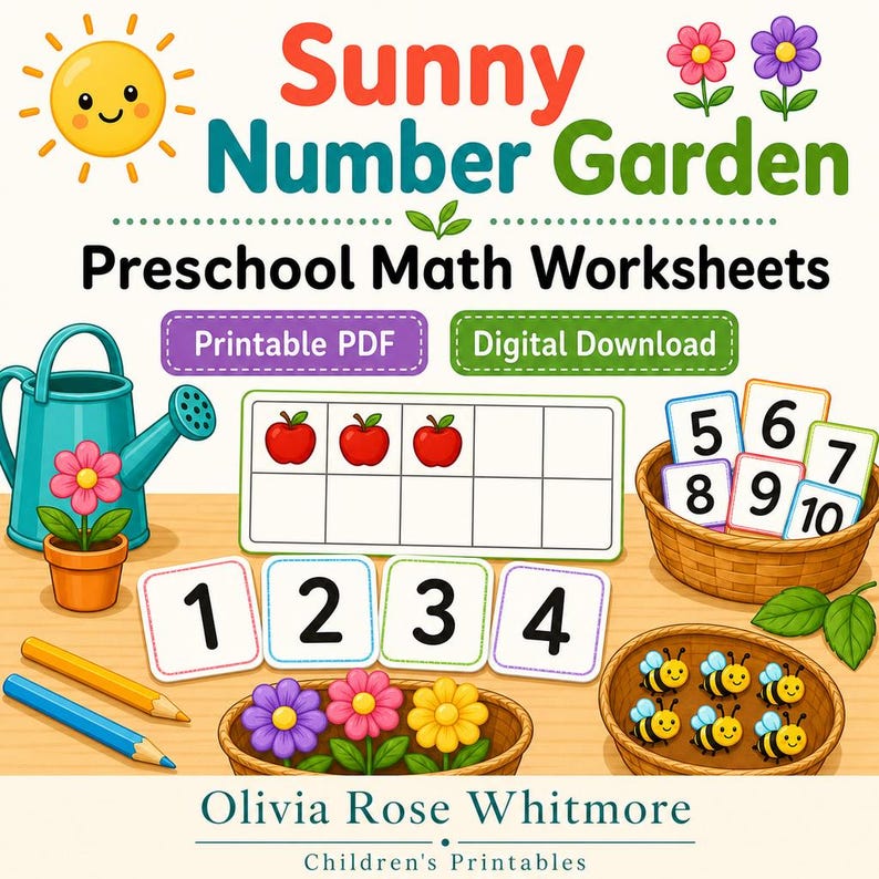 Sunny Number Garden | Preschool Math Worksheets | Printable PDF | Digital Download image 1