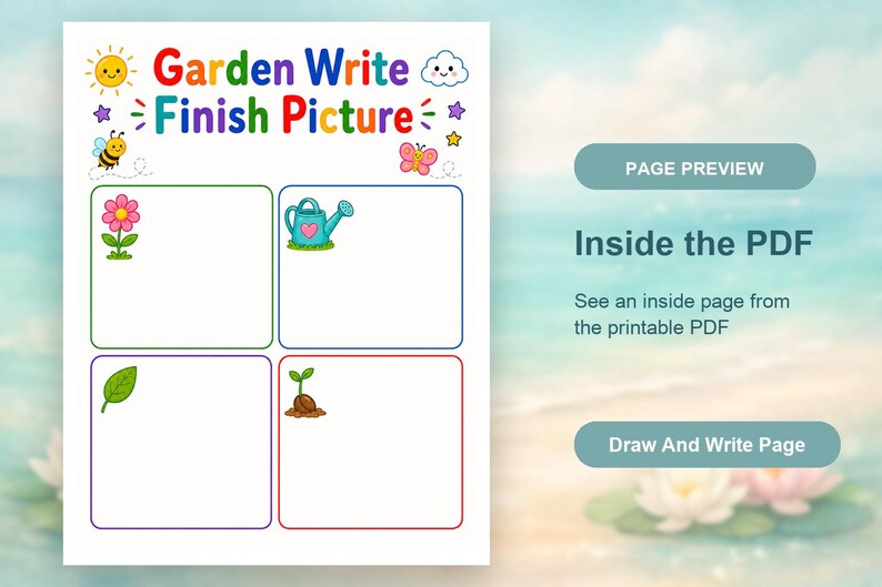 Jardim para Desenhar e Escrever | Folhas de Atividades para Desenhar e Escrever | PDF para Imprimir | Download Digital imagem 10