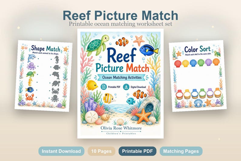 サンゴ礁の絵合わせ | 海洋生物のマッチングアクティビティ | 印刷可能なPDF | デジタルダウンロード 画像 2