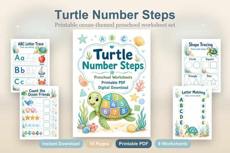 Turtle Number Steps | Preschool Worksheets | Printable PDF | Digital Download image 2
