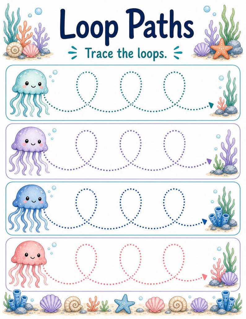 Jellyfish Pencil Paths | Pre Writing Worksheets | Printable PDF | Digital Download image 5