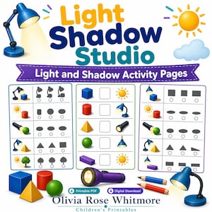 May include: Educational activity pages titled Light Shadow Studio featuring illustrations of lamps, suns, flashlights, and geometric shapes. The pages include matching exercises with icons and blank boxes, accompanied by a purple flashlight and two pencils.