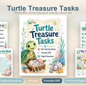 Turtle Treasure Tasks | Kids Activity Sheets | Printable PDF | Digital Download image 2