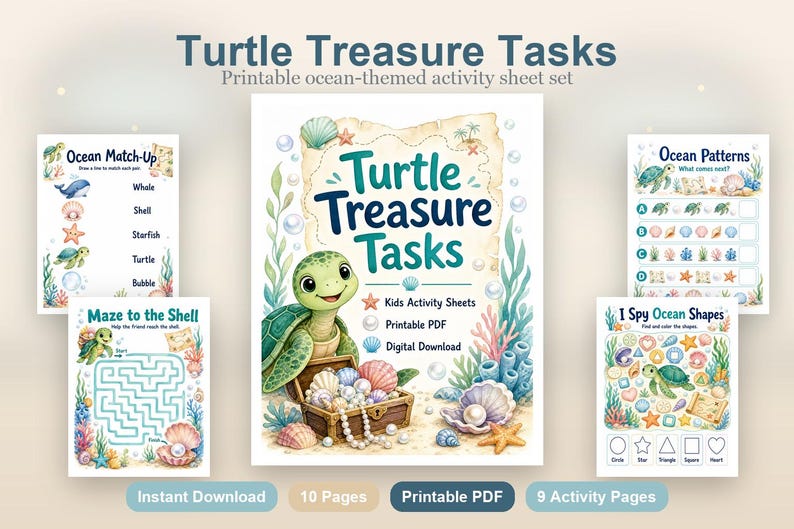 Turtle Treasure Tasks | Kids Activity Sheets | Printable PDF | Digital Download image 2