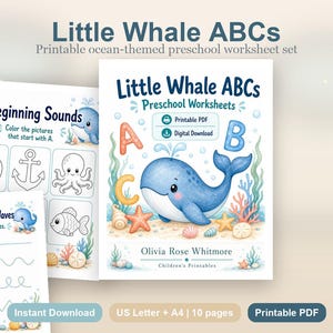 Little Whale ABCs | Preschool Worksheets | Printable PDF | Digital Download image 2