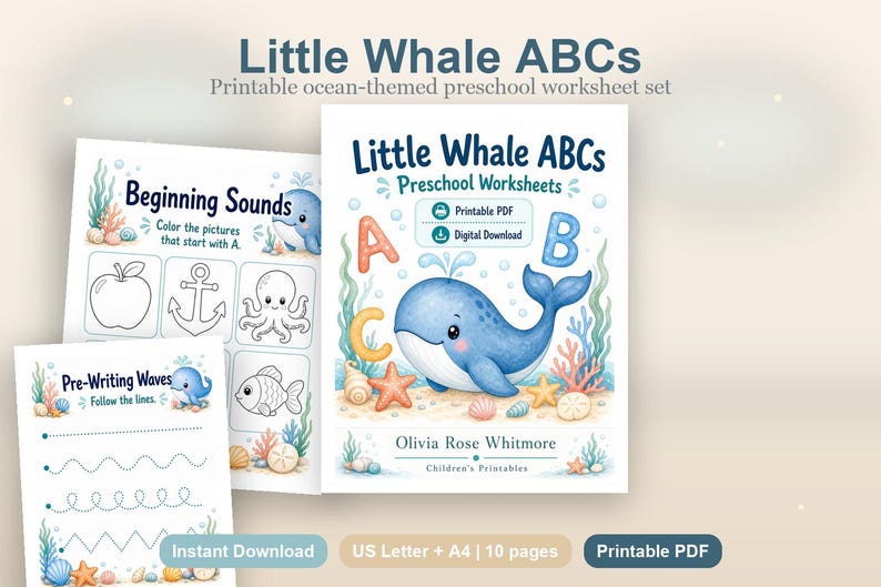 Little Whale ABCs | Preschool Worksheets | Printable PDF | Digital Download image 2