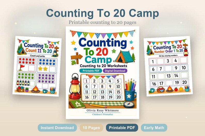 Bis 20 zählen Campen | Bis 20 zählen Arbeitsblätter | Druckbare PDF | Digitaler Download Bild 2
