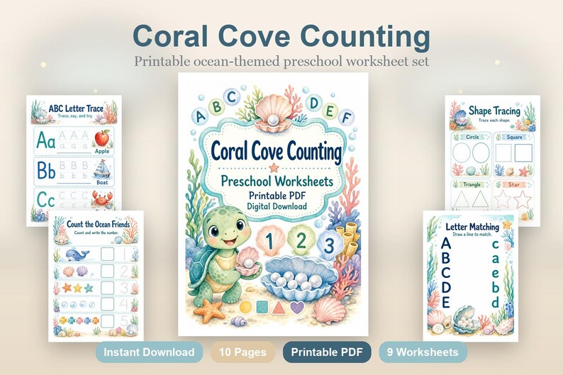 Coral Cove Counting | Preschool Worksheets | Printable PDF | Digital Download image 2