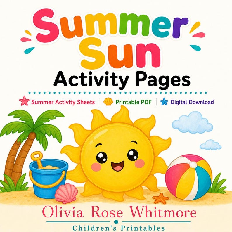 Pages d'activités au soleil d'été | Feuilles d'activités estivales | PDF imprimable | Téléchargement numérique image 1
