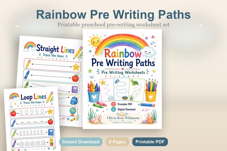 Rainbow Pre Writing Paths | Pre Writing Worksheets | Printable PDF | Digital Download image 2