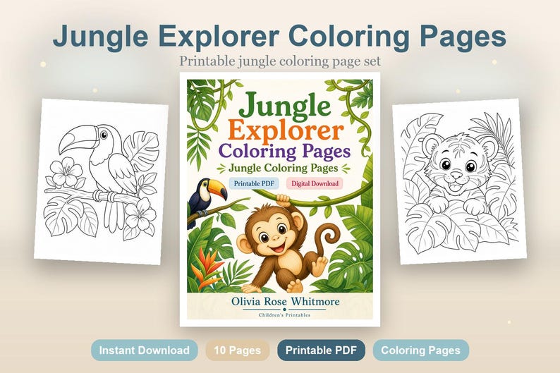 Desenhos para colorir de explorador da selva | Desenhos para colorir da selva | PDF para imprimir | Download digital imagem 2