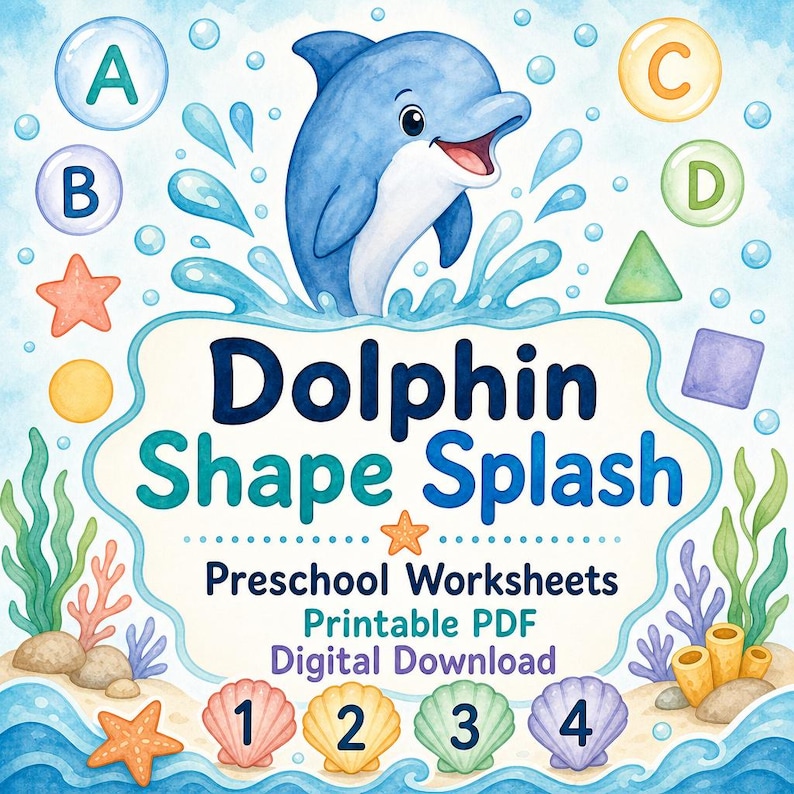 Dolphin Shape Splash | Preschool Worksheets | Printable PDF | Digital Download image 1