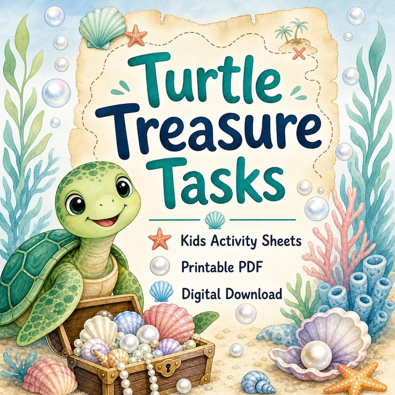Turtle Treasure Tasks | Kids Activity Sheets | Printable PDF | Digital Download image 1