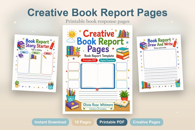 Creative Book Report Pages | Book Report Template | Printable PDF | Digital Download image 2