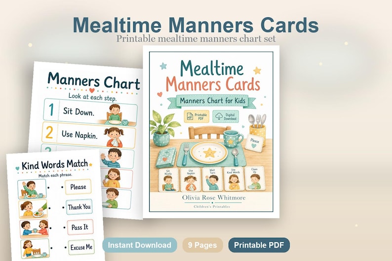 Mealtime Manners Cards | Manners Chart for Kids | Printable PDF | Digital Download image 2
