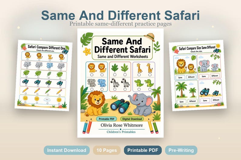 Same And Different Safari | Same and Different Worksheets | Printable PDF | Digital Download image 2