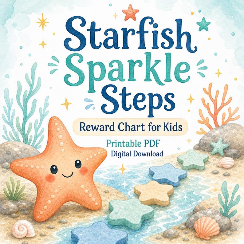 Tabla de recompensas Starfish Sparkle Steps para niños / PDF imprimible / Descarga digital imagen 1
