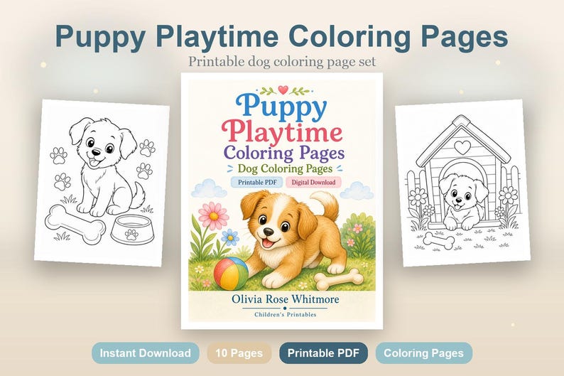 Puppy Playtime Coloring Pages | Dog Coloring Pages | Printable PDF | Digital Download image 2