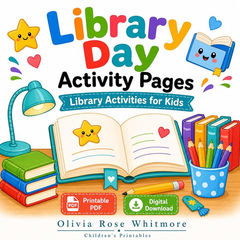 Library Day Activity Pages | Library Activities for Kids | Printable PDF | Digital Download image 1